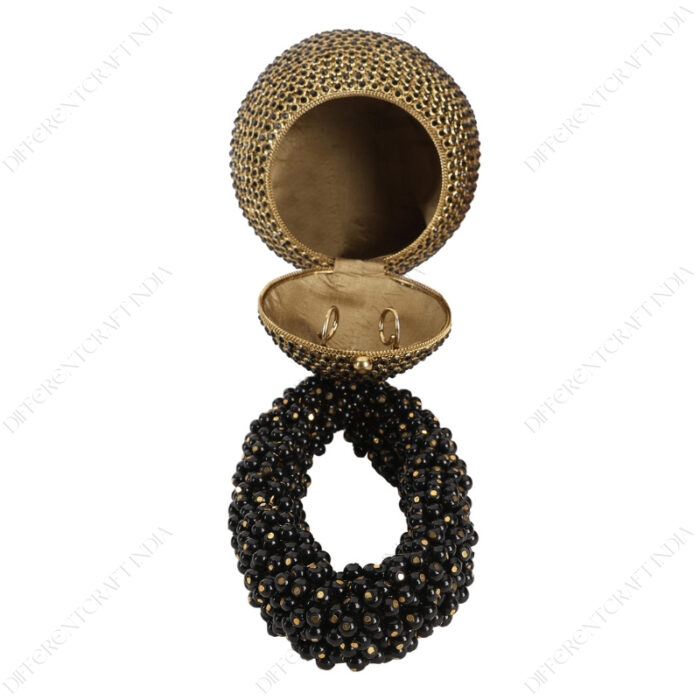 Gold & black crystal party clutch with hand-set crystals, beaded wrist handle and tassel