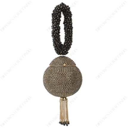 Gold & black crystal party clutch with hand-set crystals, beaded wrist handle and tassel