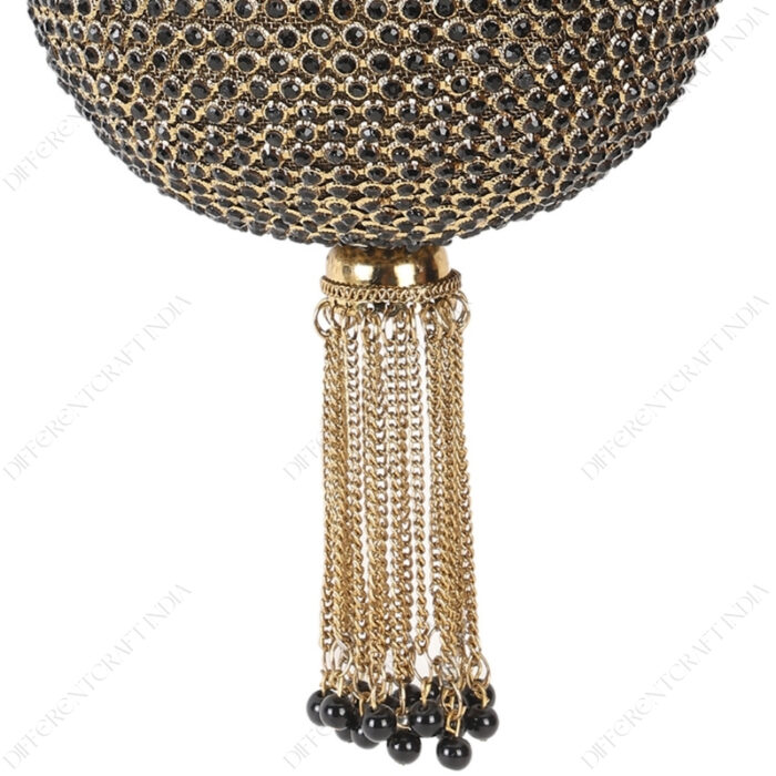 Gold & black crystal party clutch with hand-set crystals, beaded wrist handle and tassel