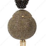 Gold & black crystal party clutch with hand-set crystals, beaded wrist handle and tassel