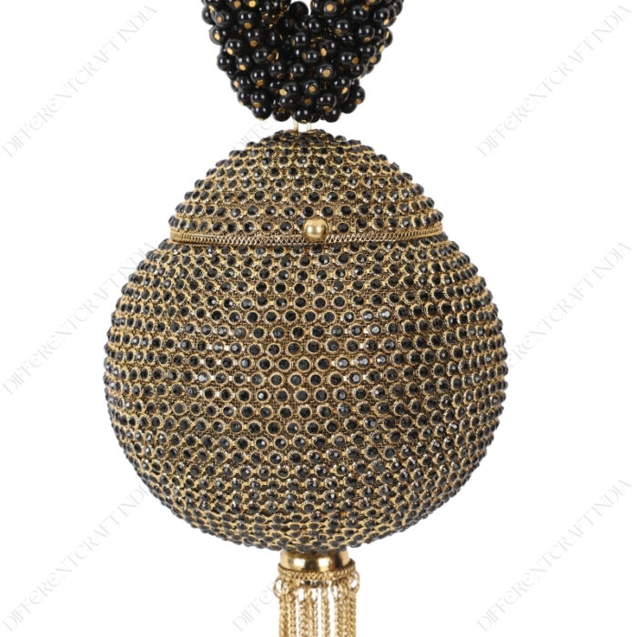 Gold & black crystal party clutch with hand-set crystals, beaded wrist handle and tassel