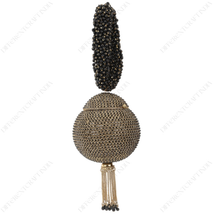 Gold & black crystal party clutch with hand-set crystals, beaded wrist handle and tassel