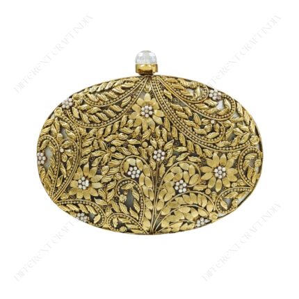 Front view of Gold Floral Clutch Adorned with Filigree and Pearl Accents on Mother-of-Pearl