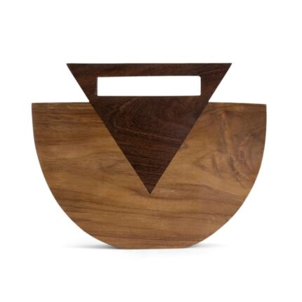 Handcrafted Unique Half-Moon Wooden Bag with Bold Triangle Handle and Natural Finish