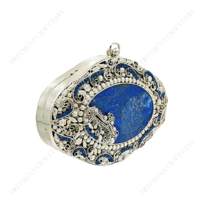 Angle view of Antique handcrafted lapis lazuli gemstone bridal purse with ornate silver filigree work