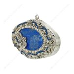 Angle view of Antique handcrafted lapis lazuli gemstone bridal purse with ornate silver filigree work