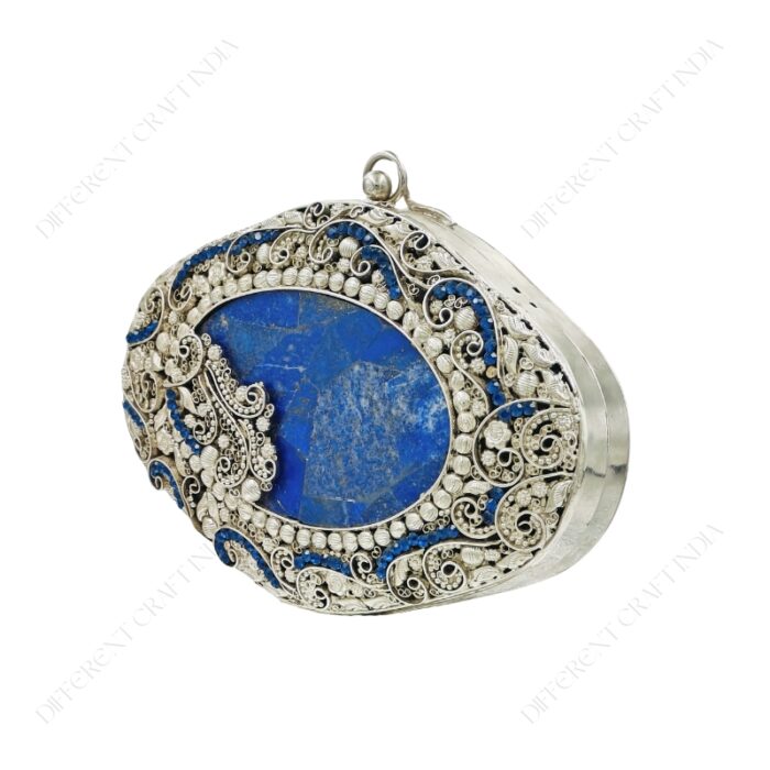 Angle view of Antique handcrafted lapis lazuli gemstone bridal purse with ornate silver filigree work