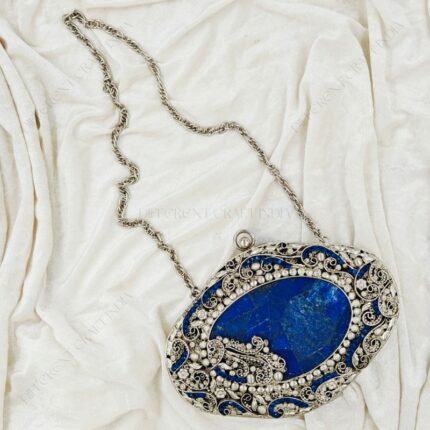 Front view of Antique handcrafted lapis lazuli gemstone bridal purse with ornate silver filigree work