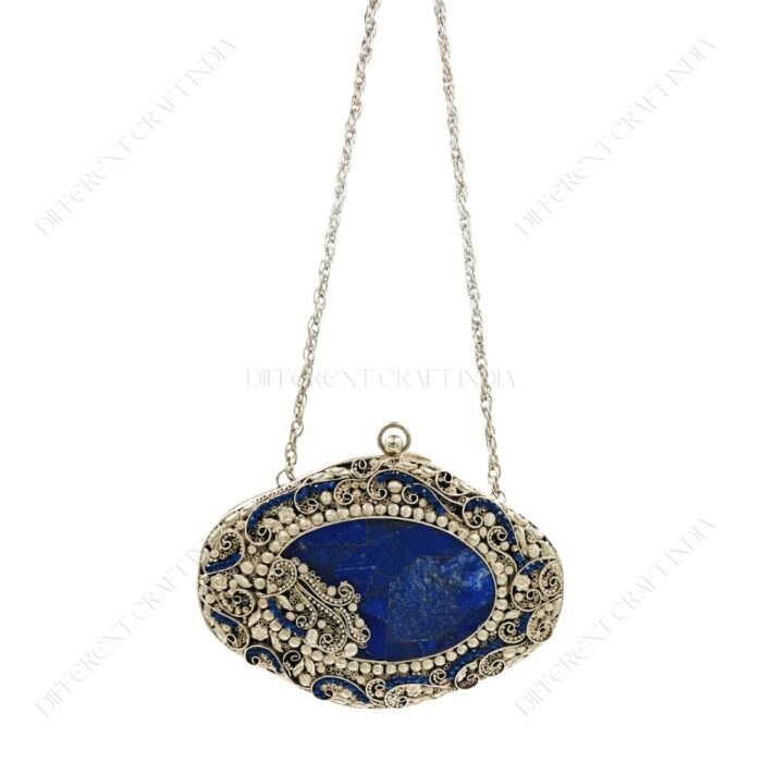 Front view of Antique handcrafted lapis lazuli gemstone bridal purse with ornate silver filigree work and chain strap