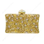 Front view of Mother-of-Pearl Gold Floral Clutch Adorned with Lavish Filigree and Pearl Accents