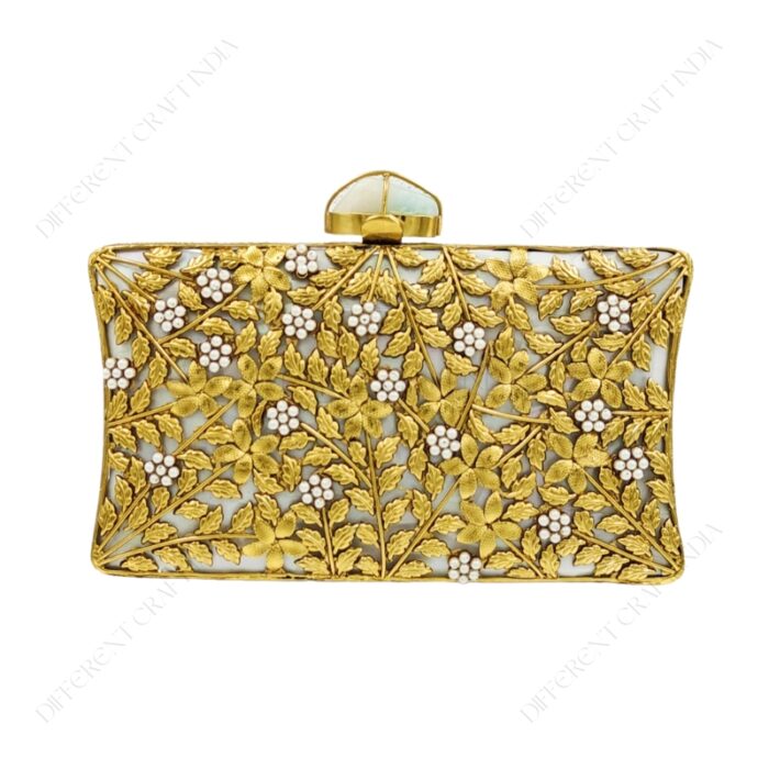 Front view of Mother-of-Pearl Gold Floral Clutch Adorned with Lavish Filigree and Pearl Accents