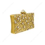 Angle view of Mother-of-Pearl Gold Floral Clutch Adorned with Lavish Filigree and Pearl Accents