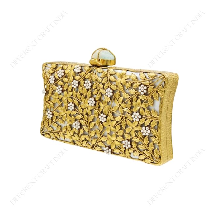 Angle view of Mother-of-Pearl Gold Floral Clutch Adorned with Lavish Filigree and Pearl Accents