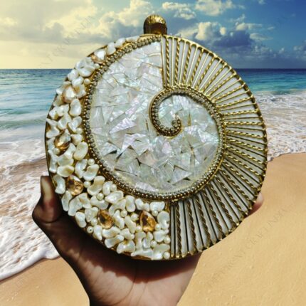 Gold Spiral Mother-of-Pearl Round Clutch with Pearl, Rhinestone, and Gemstone Accents