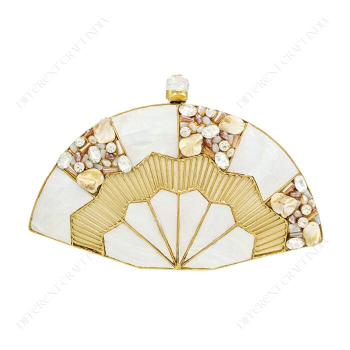 Front view of Embellished Mother-of-Pearl Fan Shaped Clutch with Gold Metal Detailing