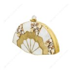 Angle view of Embellished Mother-of-Pearl Fan Shaped Clutch with Gold Metal Detailing