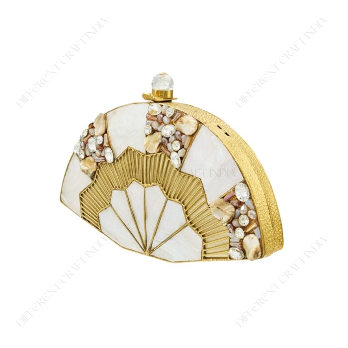 Angle view of Embellished Mother-of-Pearl Fan Shaped Clutch with Gold Metal Detailing