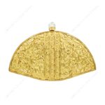 Back view of Embellished Mother-of-Pearl Fan Shaped Clutch showcasing crumpled brass rexture