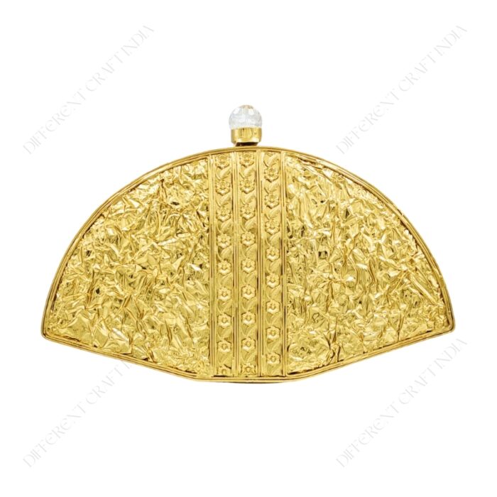 Back view of Embellished Mother-of-Pearl Fan Shaped Clutch showcasing crumpled brass rexture