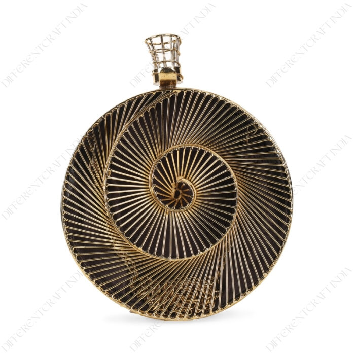 Front view of Transparent 3D Spiral Gold Metal Clutch with Unique Cage Closure