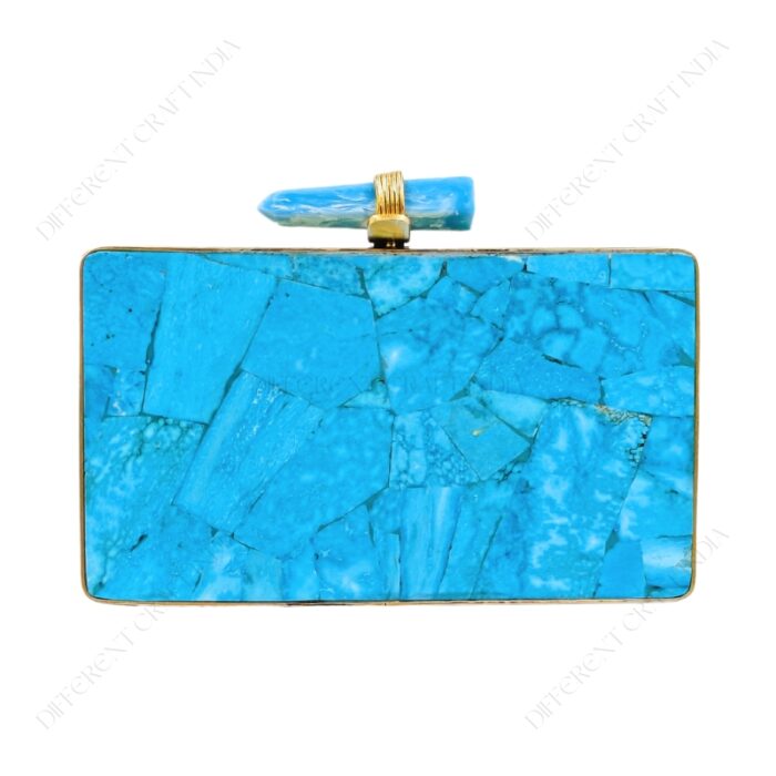 Front View of Turquoise gemstone clutch purse with quartz crystal knob and gold brass frame