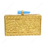 Back view of Turquoise gemstone clutch purse with quartz crystal knob and gold brass frame