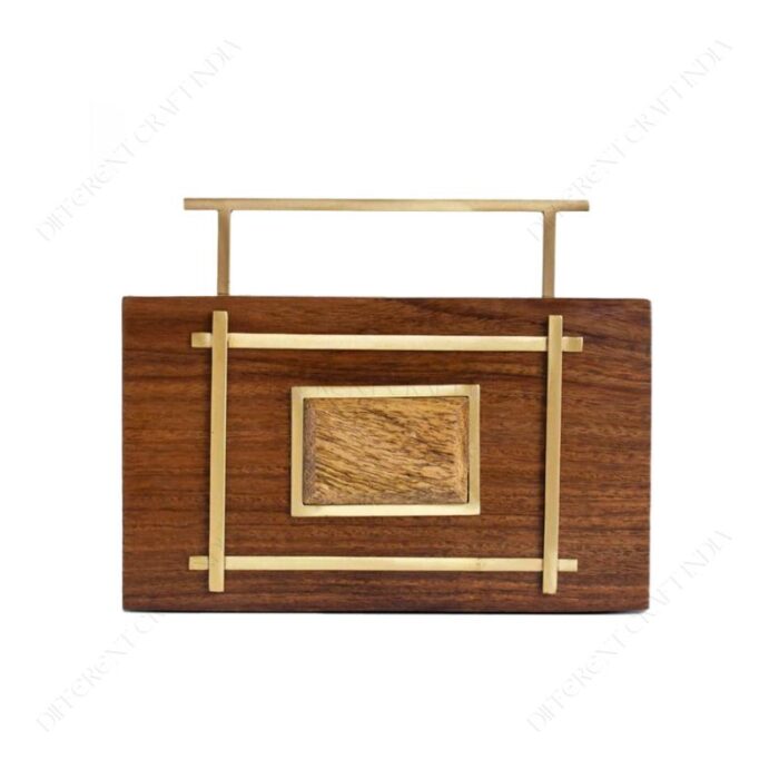 Wooden Clutch Bag with Metallic Gold Accents - Elegant Rectangular Design and Top Handle