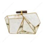 Front view of Geometric White Mother-of-Pearl 3D Clutch with Faceted Panels, Outlined in Gold