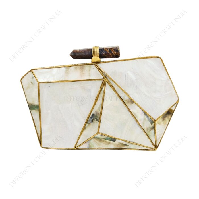 Front view of Geometric White Mother-of-Pearl 3D Clutch with Faceted Panels, Outlined in Gold