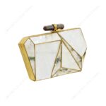 Angle view of Geometric White Mother-of-Pearl 3D Clutch with Faceted Panels, Outlined in Gold