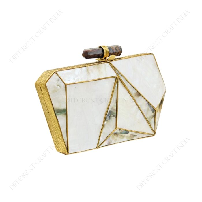 Angle view of Geometric White Mother-of-Pearl 3D Clutch with Faceted Panels, Outlined in Gold