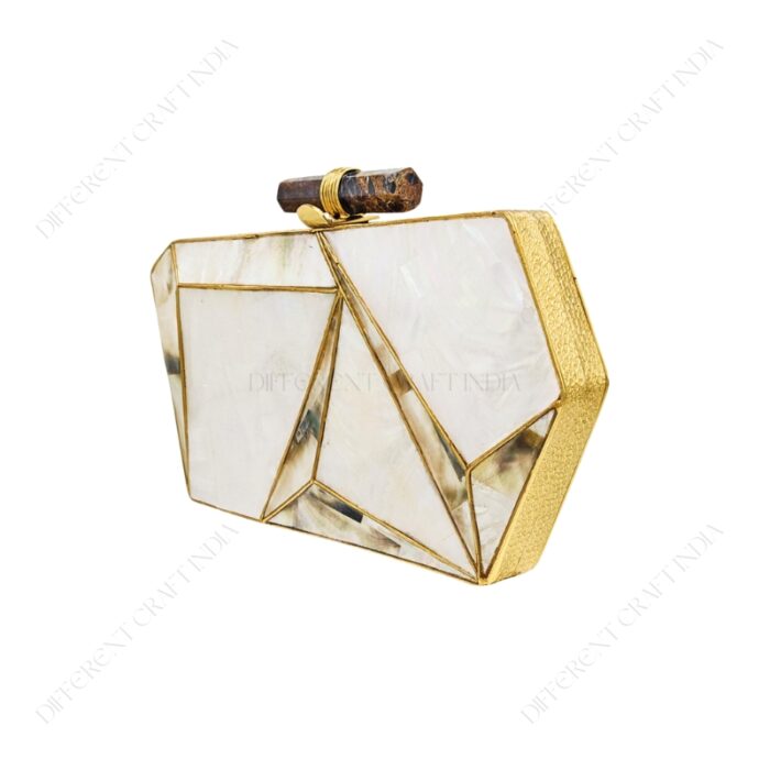 Angle view of Geometric White Mother-of-Pearl 3D Clutch with Faceted Panels, Outlined in Gold