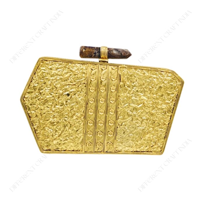 Back view of Geometric White Mother-of-Pearl 3D Clutch showcasing crumpled brass texture