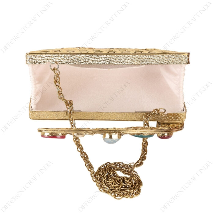 Top Interior view of White Mother-of-Pearl Clutch showcasing suede lining interior