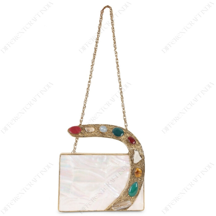 Front view of White Mother-of-Pearl Clutch with Colorful Gemstone-Studded Gold-Tone Curved Handle