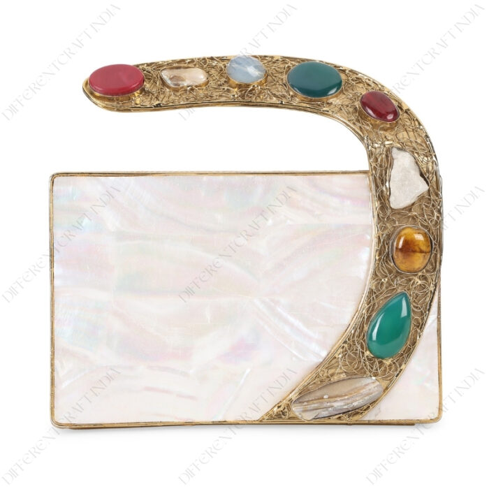 Front view of White Mother-of-Pearl Clutch with Colorful Gemstone-Studded Gold-Tone Curved Handle