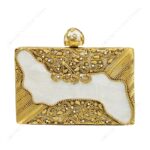 Front view of Gold Embellished White Mother-of-Pearl Filigree Clutch with Floral Detailing