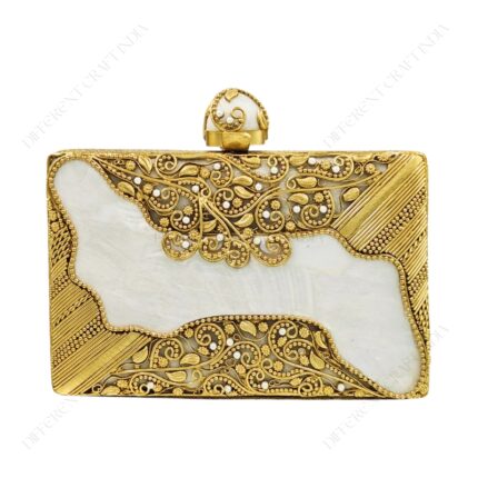 Front view of Gold Embellished White Mother-of-Pearl Filigree Clutch with Floral Detailing