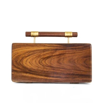 Wood Clutch Bag with Cylindrical Handle - Natural Grain Finish and Metallic Accents