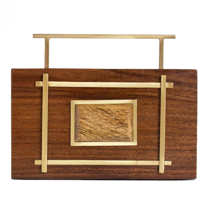 Wooden Clutch Bag with Metallic Gold Accents - Elegant Rectangular Design and Top Handle