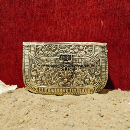 Hand embossed Gold Floral Brass Antique clutch with heart-shaped ornate hasp clasp lock