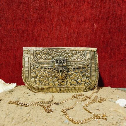 Hand embossed Gold Floral Brass Antique clutch with heart-shaped ornate hasp clasp lock