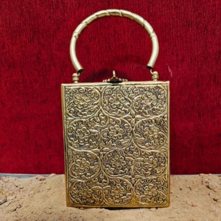 Hand embossed Gold Floral Brass Antique clutch with heart-shaped ornate hasp clasp lock