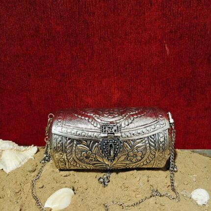 Hand embossed Silver Floral Brass Antique clutch with heart-shaped ornate hasp clasp lock