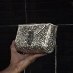 Hand embossed Silver Floral Brass Antique clutch with heart-shaped ornate hasp clasp lock