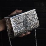 Hand embossed Silver Floral Brass Antique clutch with heart-shaped ornate hasp clasp lock