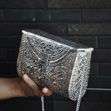 Hand embossed Silver Floral Brass Antique clutch with heart-shaped ornate hasp clasp lock