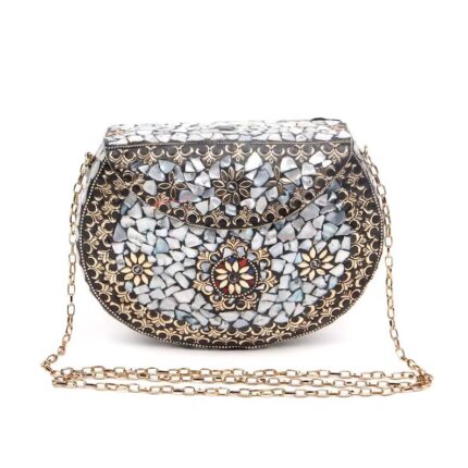 Mosaic Evening Clutch - Handcrafted Bag with White Mother of Pearl Tiles and Gold Accents