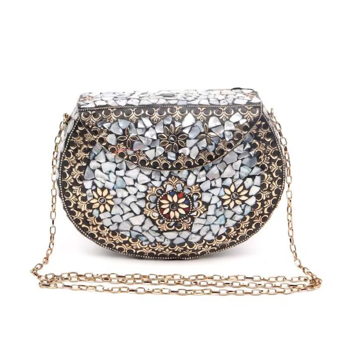 Mosaic Evening Clutch - Handcrafted Bag with White Mother of Pearl Tiles and Gold Accents