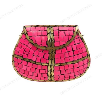 Mosaic Clutch Bag - Semi-Circle Design with Glossy Pink Mosaic Tiles and Gold Accents